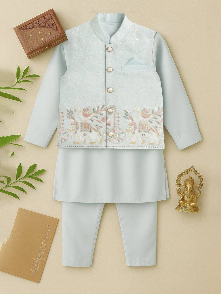 Kidbea Boys Ethnic Wear Set | Kurta Pajama with Stylish Nehru Jacket | Festive Traditional Outfit for Kids | Light blue