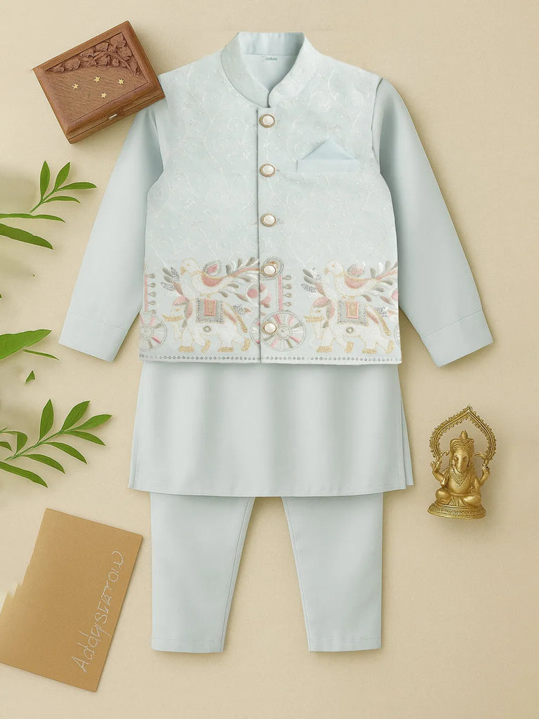 Boys Ethnic Wear Set | Kurta Pajama with Stylish Nehru Jacket | Festive Traditional Outfit for Kids | Light blue