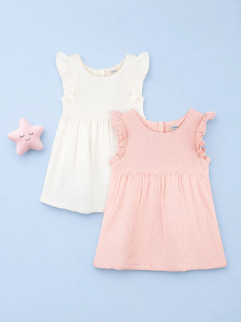 Organic Cotton Girls Frock Pack of 2 – White & Light Pink Ruffle Frocks