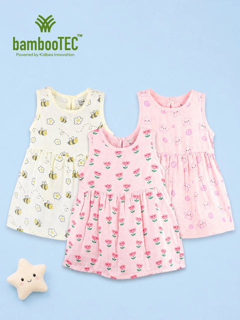 BambooTEC™ Bamboo Muslin Baby Girls Frock Pack of 3 – Bee & Daisy, Floral & Cat & Swirl Prints