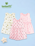 BambooTEC™ Bamboo Muslin Baby Girls Frock Pack of 3 – Bee & Daisy, Floral & Cat & Swirl Prints