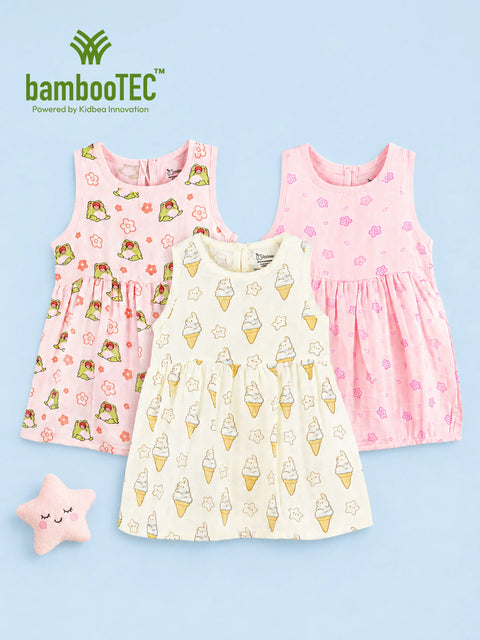 BambooTEC™ Bamboo Muslin Baby Girls Frock Pack of 3 – Frog & Floral, Pink Floral & Ice Cream Star Prints