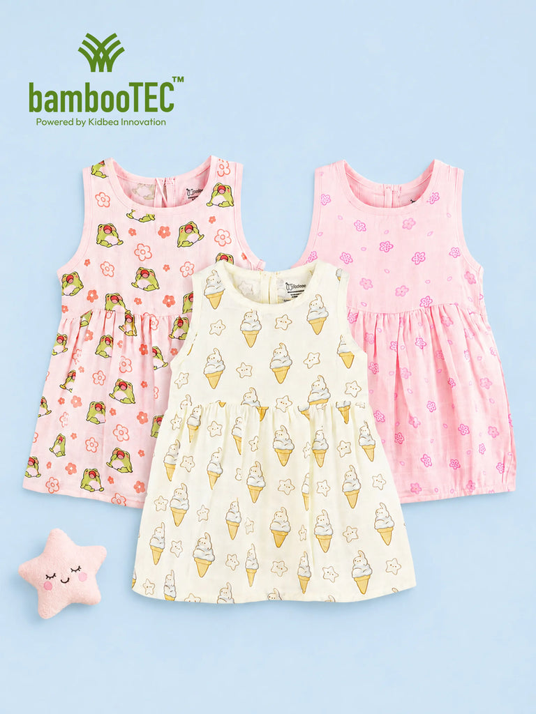 BambooTEC™ Bamboo Muslin Baby Girls Frock Pack of 3 – Frog & Floral, Pink Floral & Ice Cream Star Prints