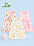 BambooTEC™ Bamboo Muslin Baby Girls Frock Pack of 3 – Frog & Floral, Pink Floral & Ice Cream Star Prints