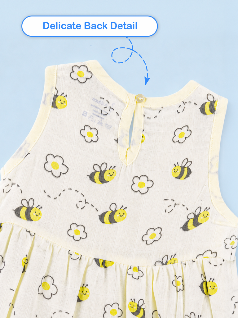 BambooTEC™ Bamboo Muslin Baby Frock – Bee & Daisy Print, Soft & Breathable Dress