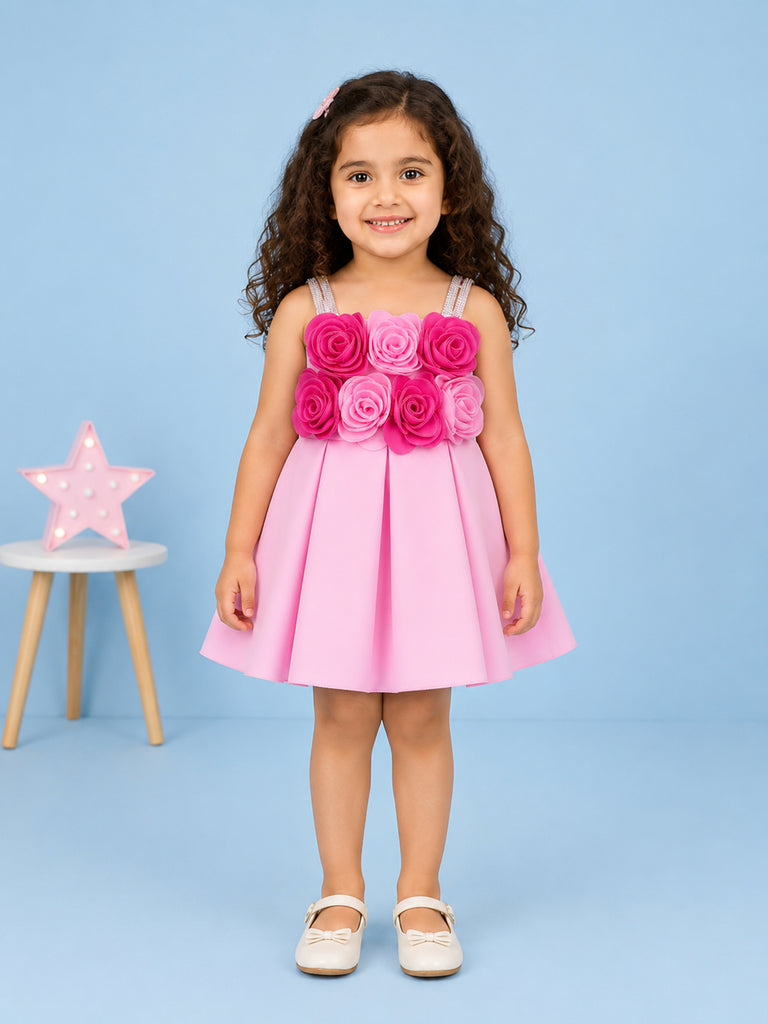 Girls Pink Partywear Frock – 3D Rose Flower Flared Dress