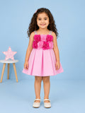 Girls Pink Partywear Frock – 3D Rose Flower Flared Dress