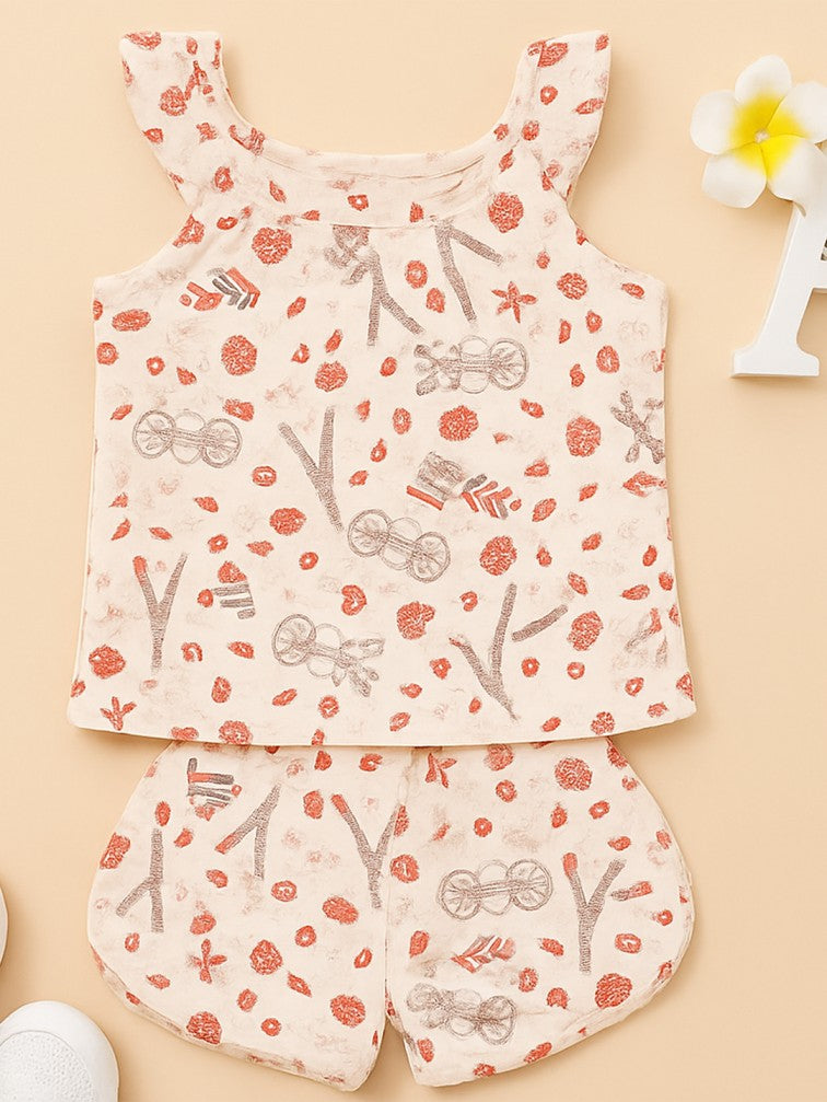 Kidbea Girls Abstract Print Clothing Set | Ruffle Sleeve Tank Top and Matching Shorts | White