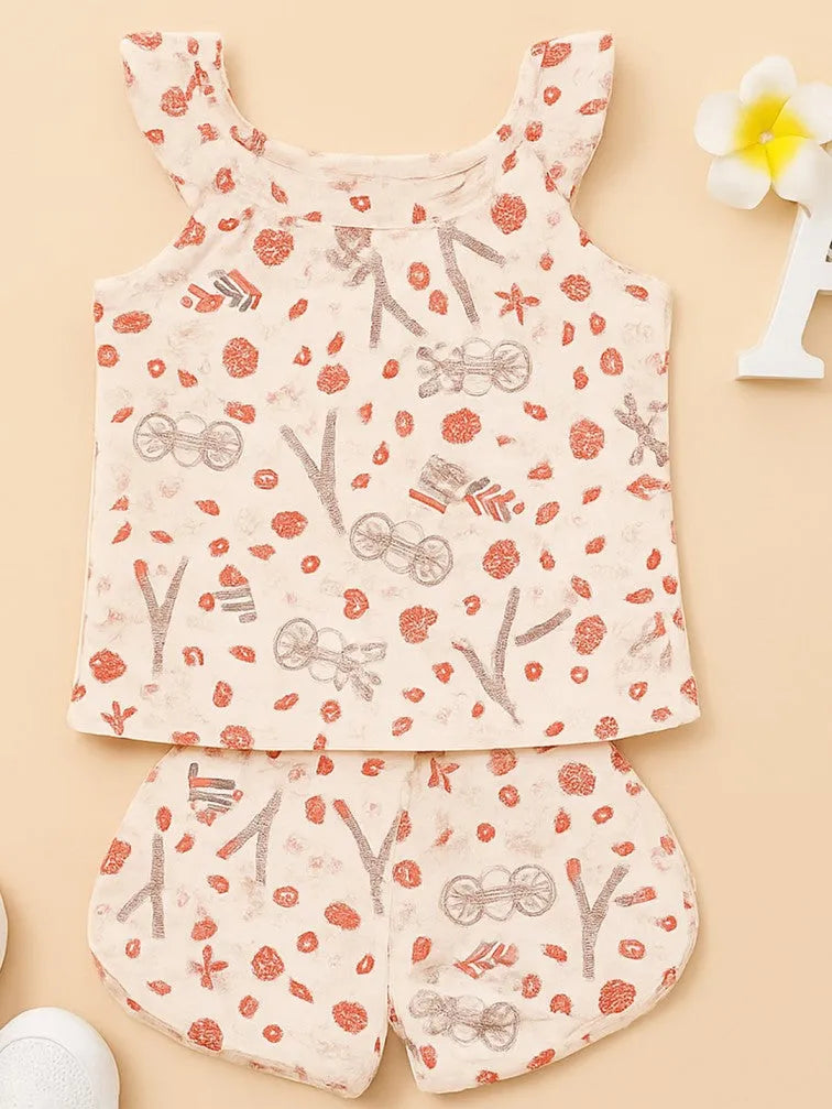 Girls Abstract Print Clothing Set | Ruffle Sleeve Tank Top and Matching Shorts | White