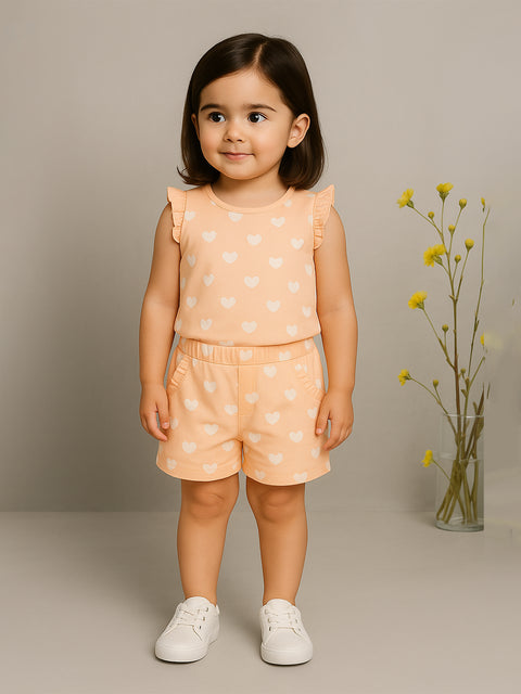 Girls Heart Print Clothing Set | Soft Sleeveless Top with Ruffle Sleeves and Elastic Waist Shorts | Peach