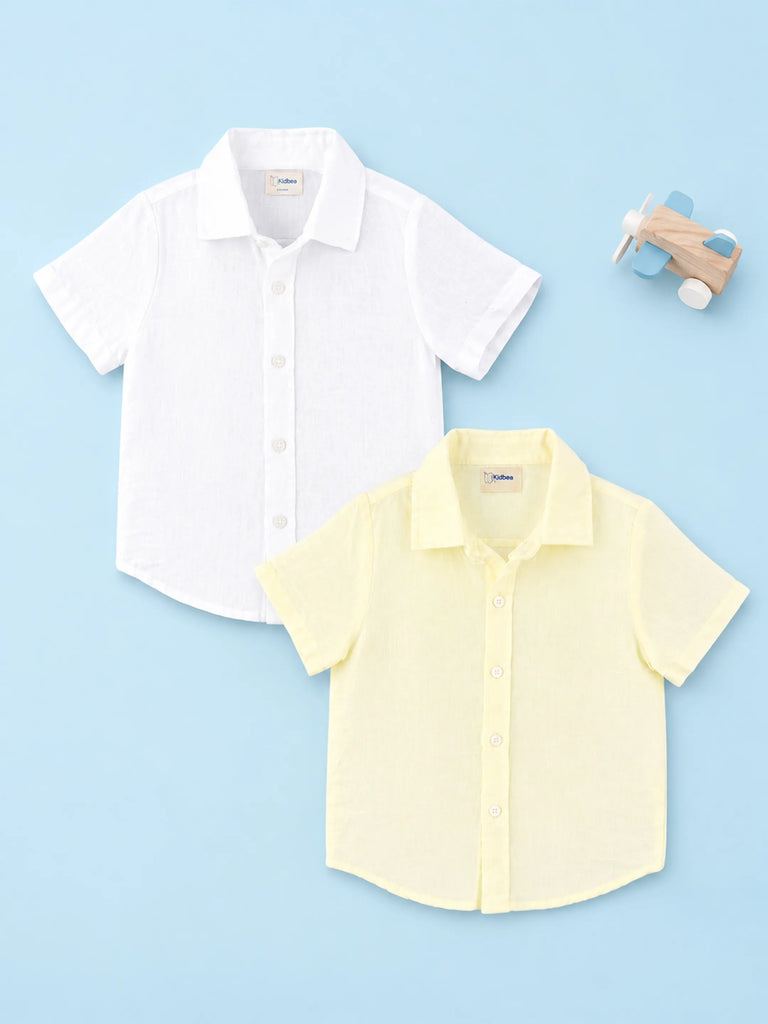 Linen Cotton Boys Shirt Pack of 2 – White & Yellow Half-Sleeve Shirts