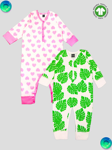 Kidbea 100% Organic Cotton Romper Bodysuit Jumpsuit Combo 2 Designs Color heart and leaf Printed 9-12 Month