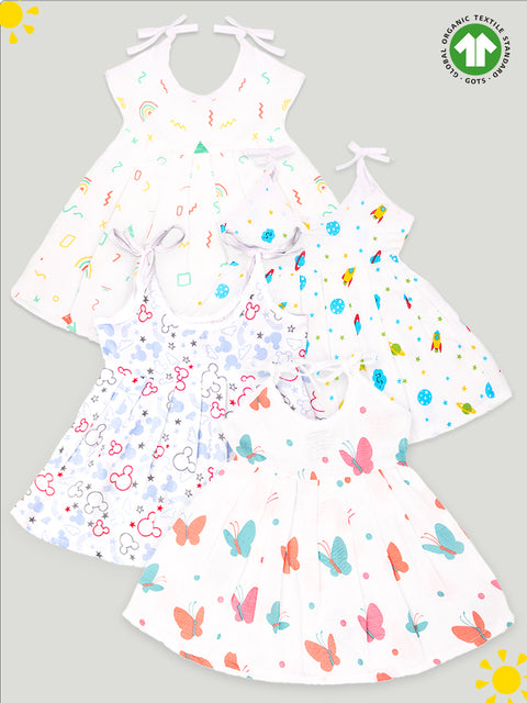 Extra Soft Muslin  Fabric Baby Girls Frock | Pack of 4 | Rainnbow, Space, Mickey and Butterfly Print