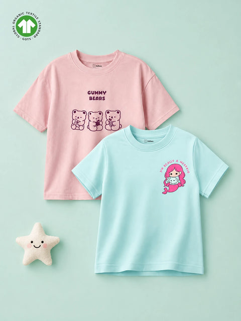 Organic Cotton Girls Graphic Print Half Sleeve T-Shirt Combo Pack (Pack of 2)