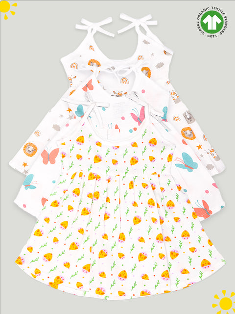 Extra Soft Muslin  Fabric Baby Girls Frock | Pack of 3 | Tiger, Cute Chick and Butterfly Print