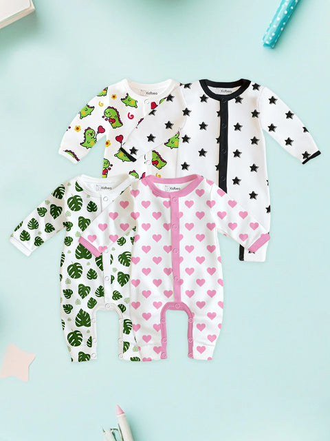 Set of 4 Organic Rompers – Dino, Star, Heart & Leaf