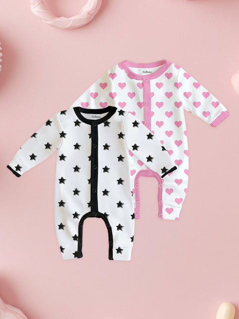 100% Organic Cotton Romper Pack – Heart & Star Designs, Pink & Black, Full Sleeves