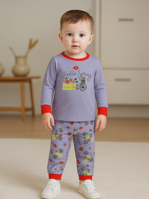 Unisex Kids Cotton Nightsuit Set | Hello Spring Print | Full Sleeves Sleepwear | Purple