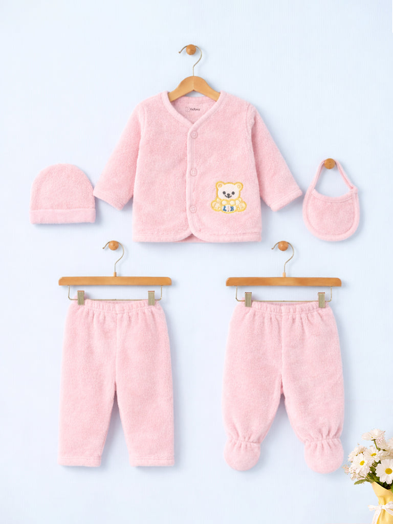 Unisex Baby Winter Wear – Pack of 5 Cozy Set with Cardigan, Pants, Footed Pants, Cap & Bib