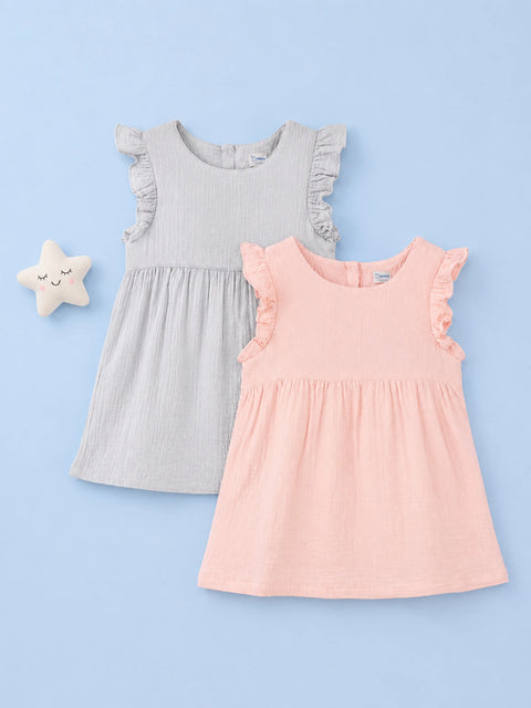 Organic Cotton Girls Frock Pack of 2 – Pink & Grey Ruffle Frocks