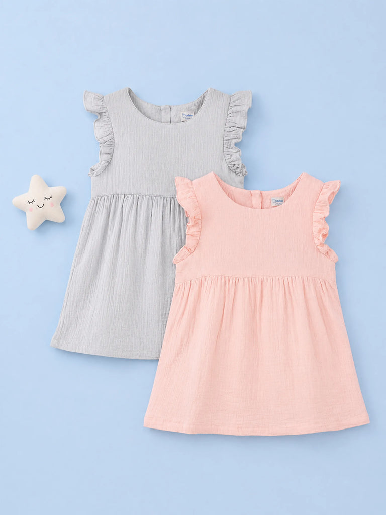 Organic Cotton Girls Frock Pack of 2 – Pink & Grey Ruffle Frocks