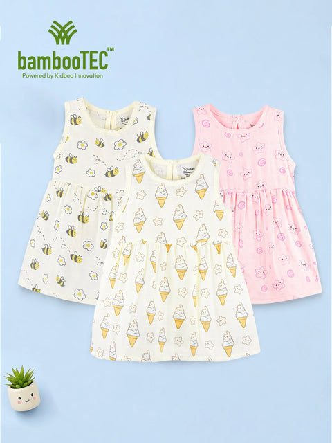 BambooTEC™ Bamboo Muslin Baby Girls Frock Pack of 3 – Bee & Daisy, Ice Cream Star & Cat & Swirl Prints