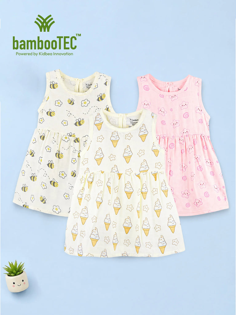 BambooTEC™ Bamboo Muslin Baby Girls Frock Pack of 3 – Bee & Daisy, Ice Cream Star & Cat & Swirl Prints