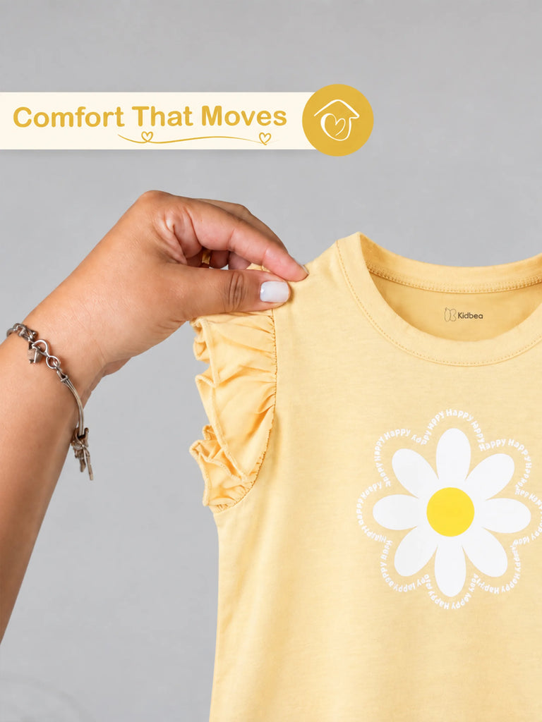 Girls Yellow Top – Daisy Flower Print with Ruffle Sleeves