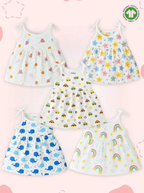 Extra Soft Muslin Baby Girls Frock Pack of 5 – Ice Cream, Star, Car, Whale & Rainbow Prints