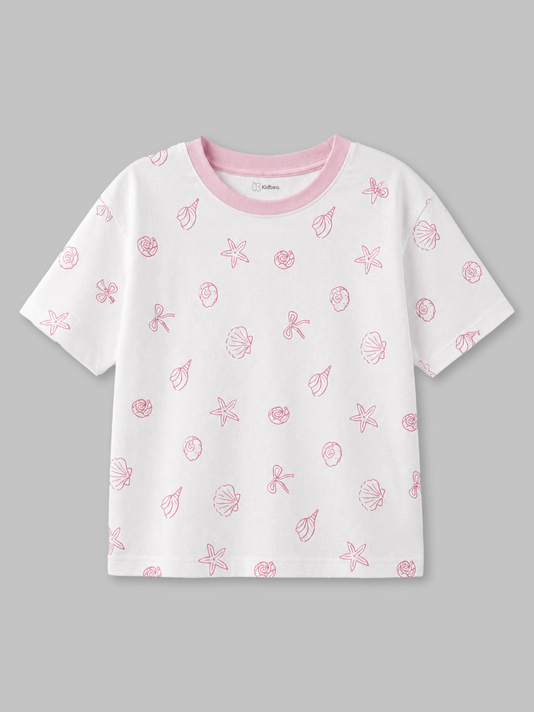 Girls White Organic Cotton Round Neck Tiny Floral Print T-Shirt