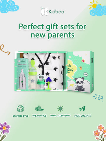 Kidbea® Premium Baby Gift Set – Pack of 5 Essentials | 100% Organic Romper, Stainless Steel Bottle, Teether, Spoon & Fruit Feeder | Ideal Newborn Gift Box