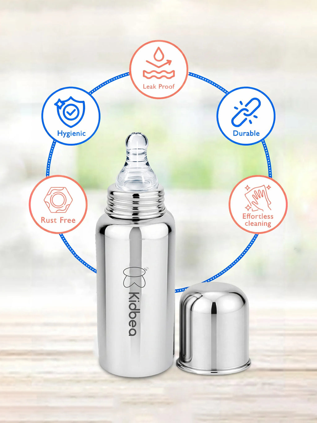 Stainless Steel Feeding Bottle 250ml with 2 Extra Nipples