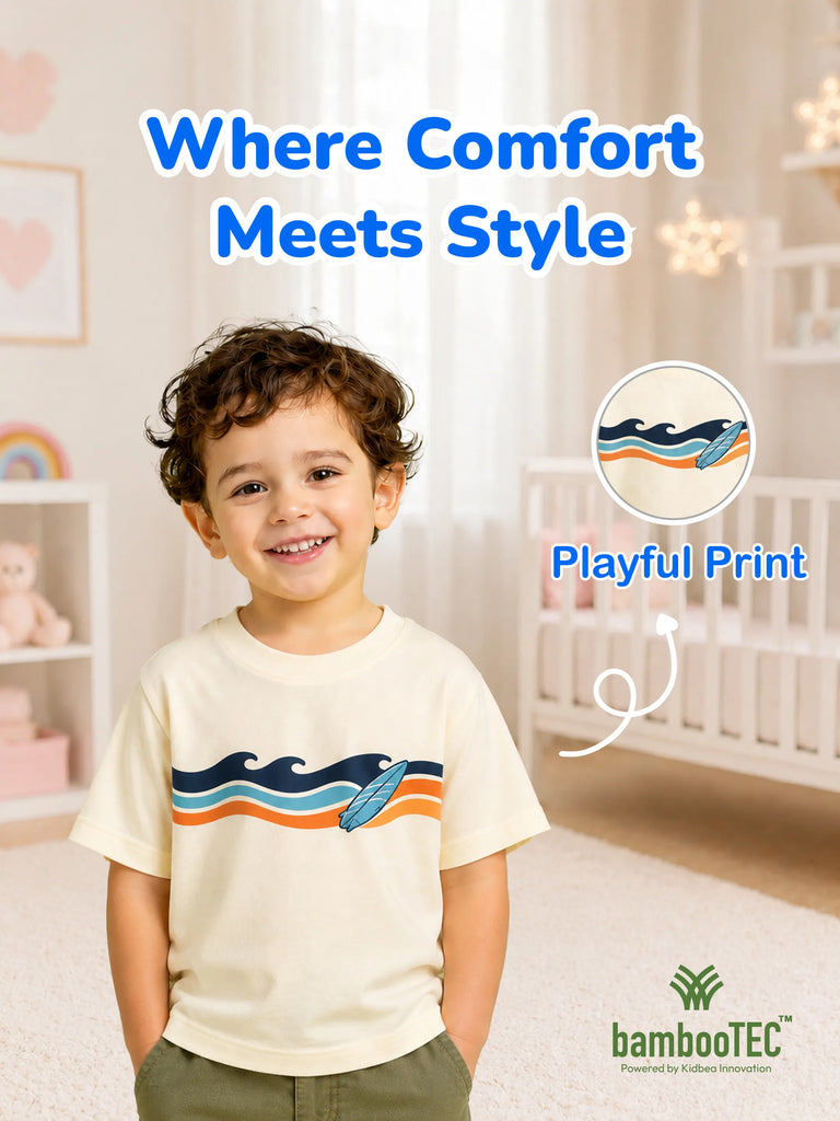 Unisex Bamboo Fabric Cream Surf Print Oversized T-Shirt