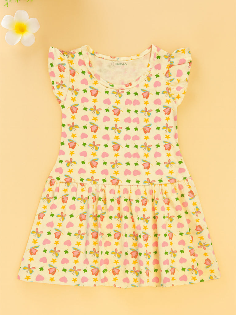 Kidbea Girls Cotton Frock | Floral & Heart Printed Summer Dress | Ruffle Sleeves | Yellow