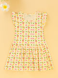 Kidbea Girls Cotton Frock | Floral & Heart Printed Summer Dress | Ruffle Sleeves | Yellow