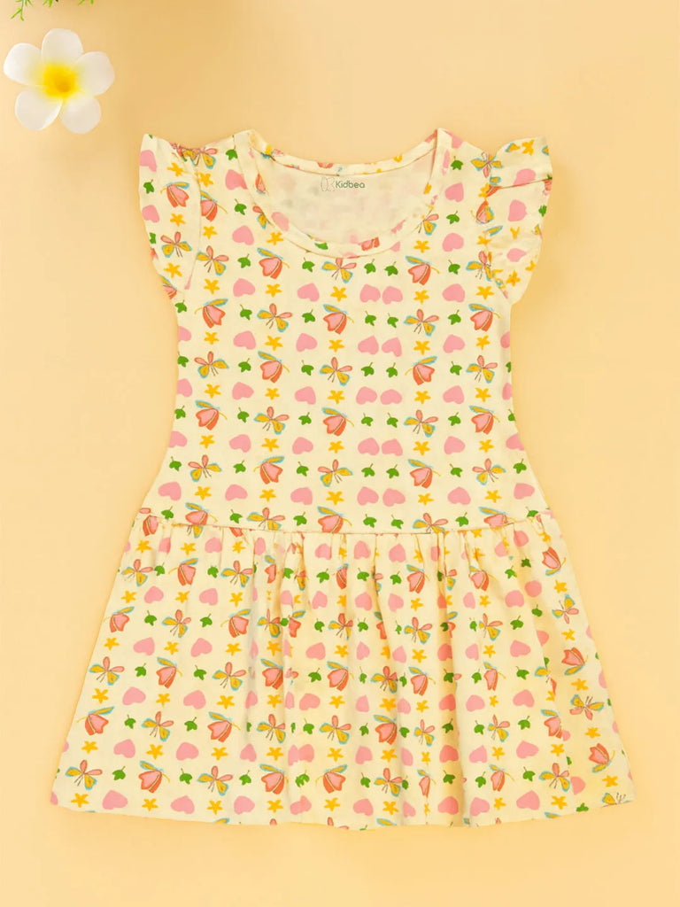 Kidbea Girls Cotton Frock | Floral & Heart Printed Summer Dress | Ruffle Sleeves | Yellow