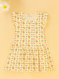 Kidbea Girls Cotton Frock | Floral & Heart Printed Summer Dress | Ruffle Sleeves | Yellow