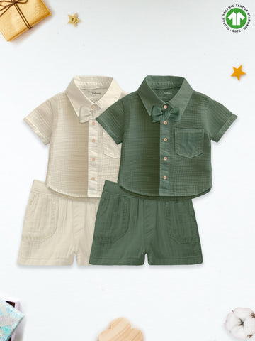 Light Linen Co-Ord Set Combo – Pack of 2 | Stylish & Comfortable Wear for Kids (Off-White & Green)