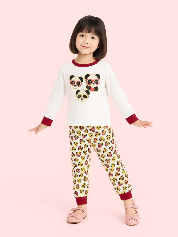 Kidbea Unisex Cotton Night Suit Set | Cute Panda Print | Full Sleeves Pyjama Set | White