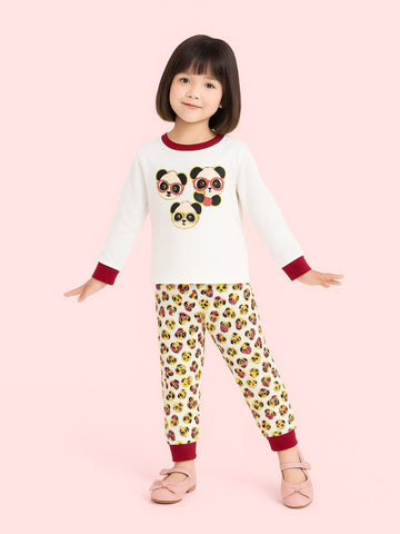 Kidbea Unisex Cotton Night Suit Set | Cute Panda Print | Full Sleeves Pyjama Set | White