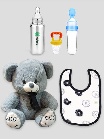 Kidbea Teddy Soft Toy, Donut Bib, Stainless Steel Infant Baby Feeding Bottle, Silicone Food Feeder & Silicone Fruit Nibbler Soft Pacifier/Feeder, Teether for Baby