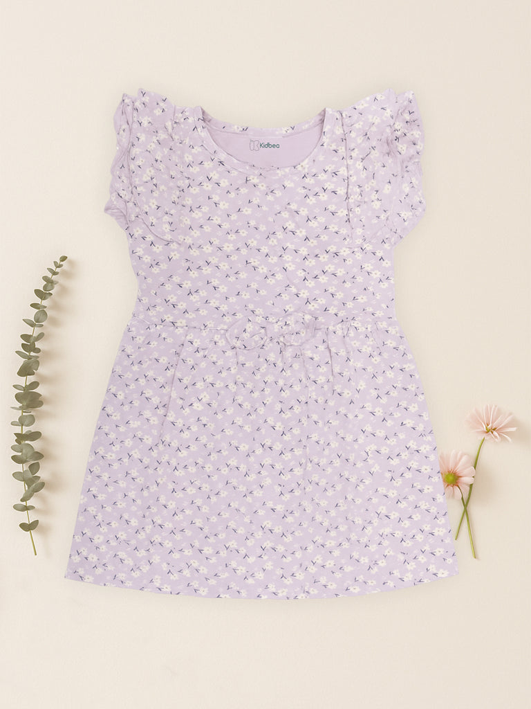 Kidbea Girls Cotton Frock | Floral Printed Dress with Ruffle Sleeves | Casual & Trendy Dress | Lavender