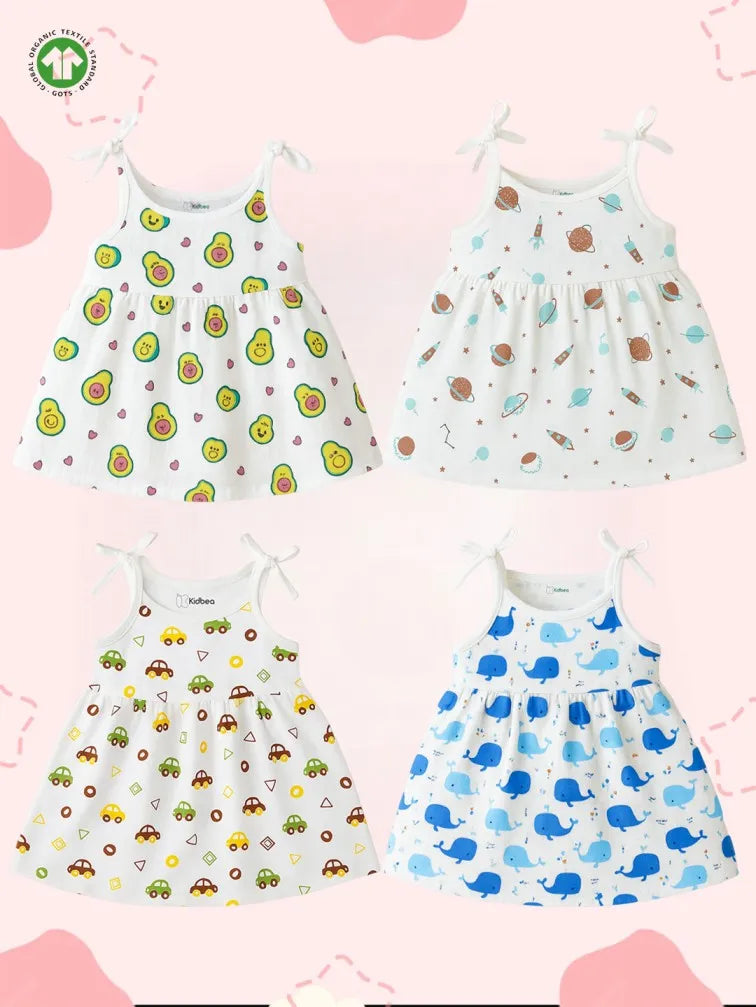 Extra Soft Muslin Baby Girls Frock Pack of 4 – Avocado, Space, Car & Whale Prints