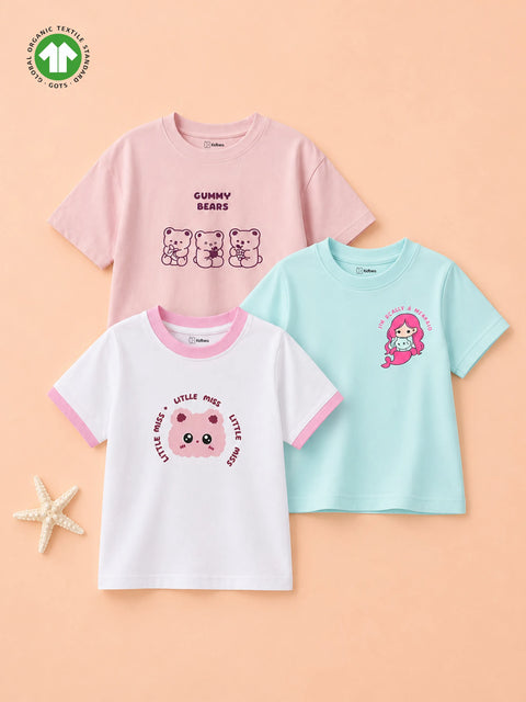 Organic Cotton Girls Graphic Print Half Sleeve T-Shirt Combo Pack (Pack of 3)