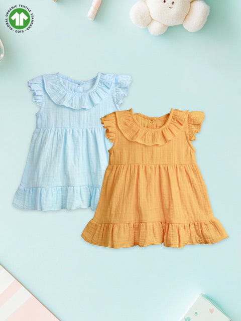 Light Linen Girls Dress Set | Pack of 2 (Sky Blue & Mustard Yellow)