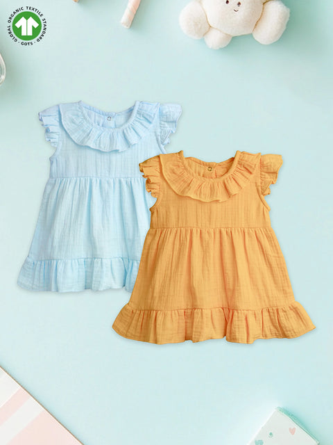 Light  Organic cotton  Girls Frock Set | Pack of 2 (Sky Blue & Mustard Yellow)