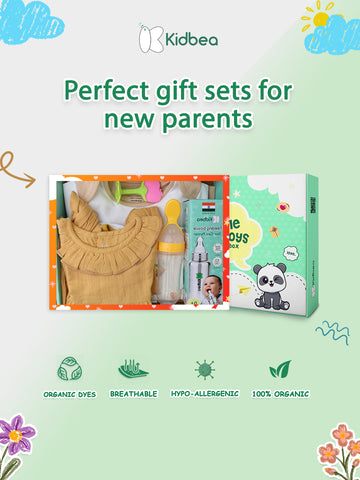 Kidbea® Premium Baby Gift Set – Pack of 6 Items | 2 Organic Cotton Rompers, Steel Bottle, Linen Frock, Teether & Spoon Feeder