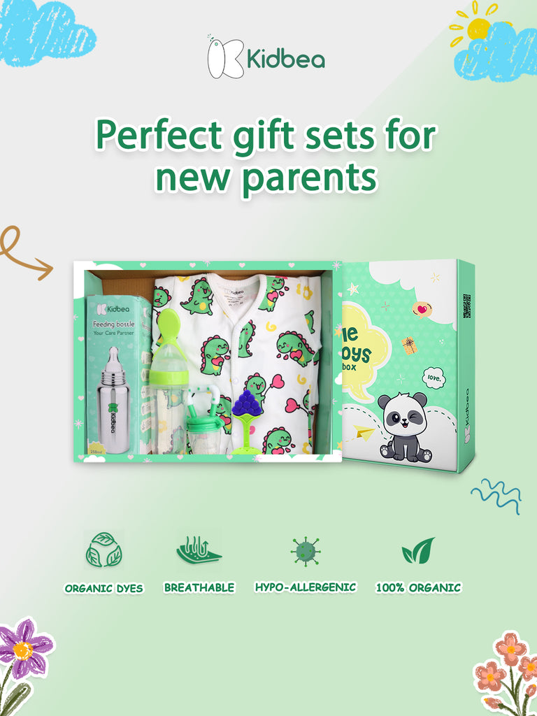 Kidbea® Premium Baby Gift Set – Pack of 5 Essentials | Dino Romper, Stainless Steel Bottle, Teether, Spoon & Fruit Feeder | Ideal Newborn Gift Box for Girls