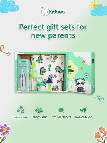 Kidbea® Premium Baby Gift Set – Pack of 5 Essentials | Dino Romper, Stainless Steel Bottle, Teether, Spoon & Fruit Feeder | Ideal Newborn Gift Box for Girls