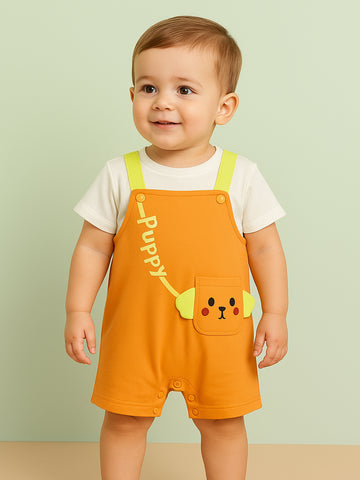 Kidbea Unisex Dungaree Set in Orange – Bright Puppy Themed Overalls with Cozy T-Shirt for Babies